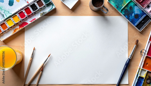 Art class school supplies lay flat on beige surface, ready for creativity. Art class school materials include watercolor paints, brushes, paper,