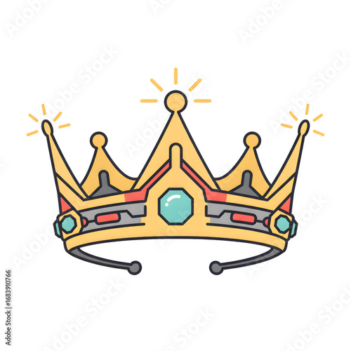 Decorative Gold Crown with Gemstones and Sparkling Rays Vector