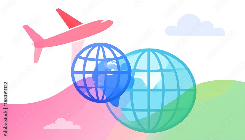 Fototapeta premium Vibrant graphic of a plane and globes over a colorful landscape