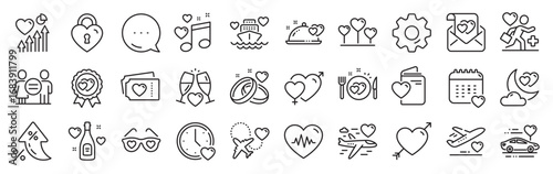 Honeymoon line icons. Settings gear, Message, Inflation icons. Wedding car, marriage rings, love. Bridal champagne, Valentine heart icons. Couple tickets, honeymoon travel, married night. Vector