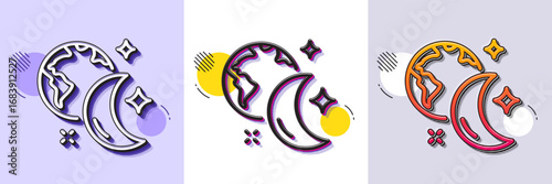 Sleep line icon. Halftone dotted pattern. Gradient icon with grain shadow. Night internet sign. Planet with moon symbol. Line sleep icon. Various designs. Vector