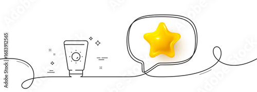 Sunscreen line icon. Continuous line with 3d star. Sun cream sign. Sunblock lotion symbol. 3d star in speech bubble. Sunscreen single line ribbon. Loop curve pattern. Vector