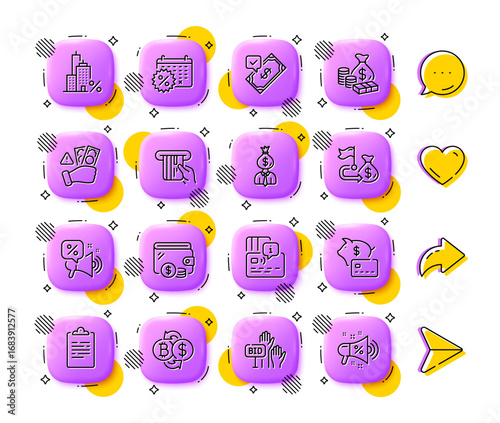 Clipboard, Accepted payment and Fraud line icons. App 3d buttons. Social media comment, share, like icons. Pack of Financial goal, Piggy bank, Credit card icon. Vector