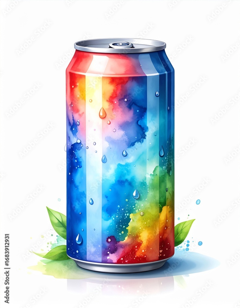 Fototapeta premium Refreshing Watercolor Beverage Can with Rainbow Spectrum and Leaf Accent on White Background