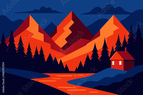 Snowy winter landscape with majestic mountain peaks under a vibrant sky