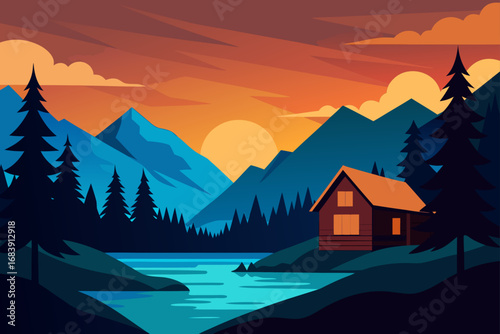 A beautiful mountain landscape with a serene lake reflecting a vibrant sunset sky