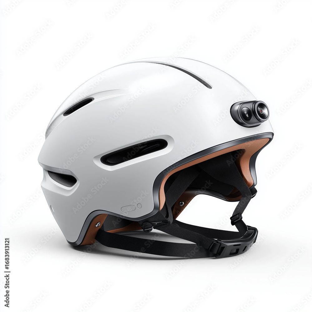 Fototapeta premium A white smart bike helmet with an integrated rear camera, displayed on a white background, highlighting safety and modern design.