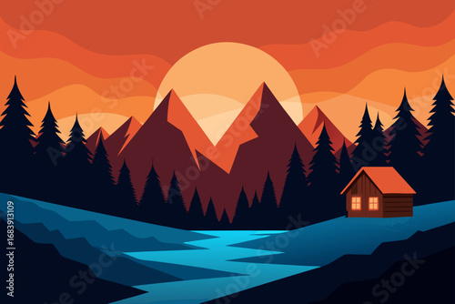 An idyllic landscape of majestic mountain peaks under a vibrant sunrise or sunset sky