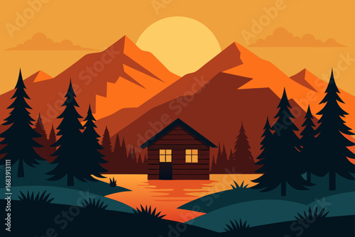 Vector landscape illustration of a mountain sunrise with a house silhouette and forest trees