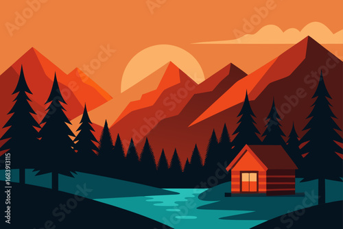 Winter morning landscape of a house in the mountains with fog and a silhouette of a pine forest