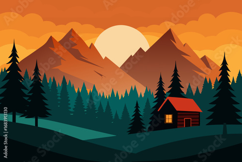 Majestic mountain landscapes at sunrise and sunset, with peaks, valleys, and forests silhouetted against a misty, cloudy sky