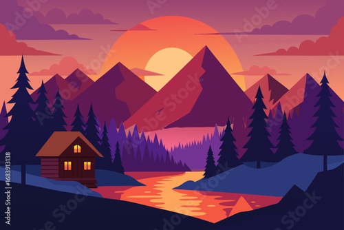Golden sunset over snow-covered mountains with a foggy valley below