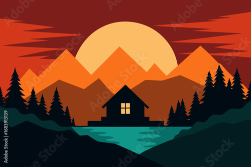 Mountain peaks are silhouetted against a colorful sky at sunrise and sunset, with a beautiful landscape of fog, clouds, and snow