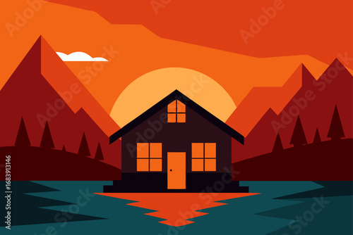 Vector landscape illustration of a mountain village with cottages and houses on a hill, surrounded by trees under a summer sky with clouds