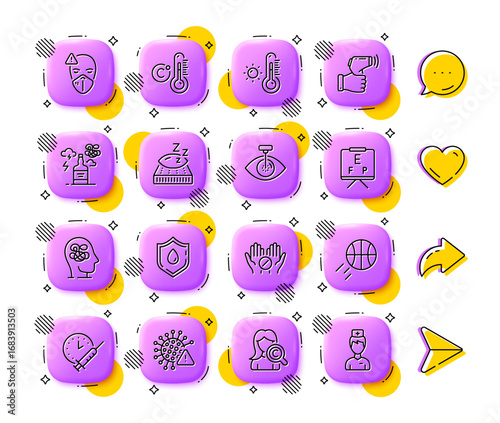 Medical tablet, Electronic thermometer and Celsius thermometer line icons. App 3d buttons. Social media comment, share, like icons. Pack of Medical mask, Blood donation, Covid virus icon. Vector