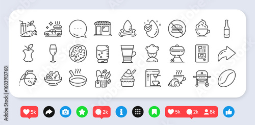Coffee maker, Organic waste and Coffee cup line icons pack. Social media: share, comment, like icons. Mint bag, Water drop, Grill web icon. Water splash, Wineglass, Salad pictogram. Vector