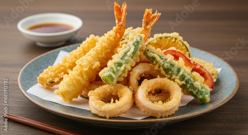 Japanese Tempura Platter with Shrimp, Squid, and Vegetables