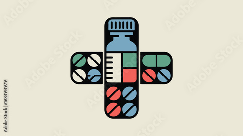 Colorful medical cross design featuring pills and a bottle against a beige backdrop