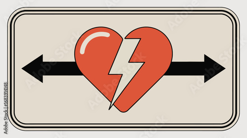 Retro illustration of a broken heart with a lightning bolt and directional arrows