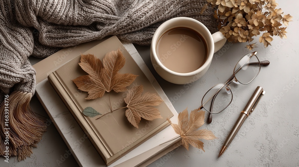 Fototapeta premium Fall & Autumn : Cozy workspace with books, coffee, and autumn leaves.