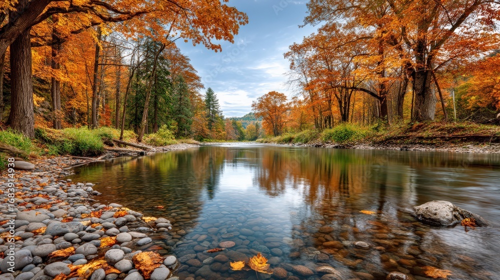 Obraz premium Fall & Autumn : Serene river scene surrounded by autumn foliage and smooth stones.
