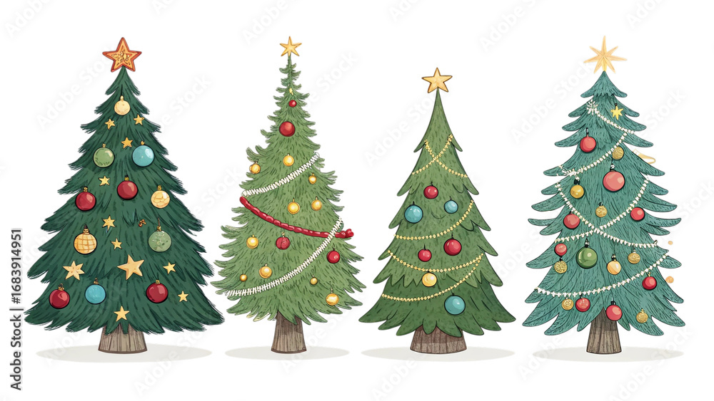 Fototapeta premium Four decorated christmas trees isolated on transparent background