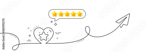 Ranking star line icon. Continuous line with share plane. Love rating sign. Best rank symbol. Five star rate review in speech bubble. Ranking star single line ribbon. Loop curve pattern. Vector
