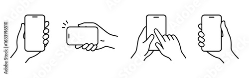 A series of four images of people holding cell phones. The first image shows a person holding a phone with a thumbs up gesture