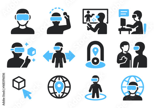 A set of blue and black icons that represent virtual reality. The icons include a person wearing a headset, a person holding a controller, and a person looking at a screen