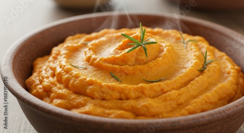 Warm Steaming Sweet Potato Puree in Brown Bowl