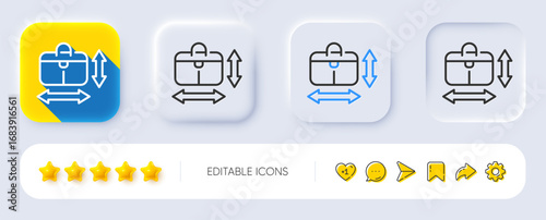 Handbag size line icon. Neumorphic, Flat shadow, 3d buttons. Hand baggage dimensions sign. Travel carry-on bag symbol. Line handbag size icon. Social media icons. Vector