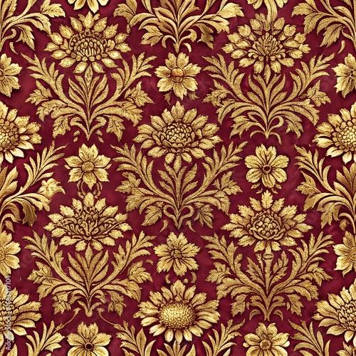 Seamless Luxury Jamdani Floral Pattern in Metallic Gold on Deep Maroon Background, Ultra Detailed Textile Design