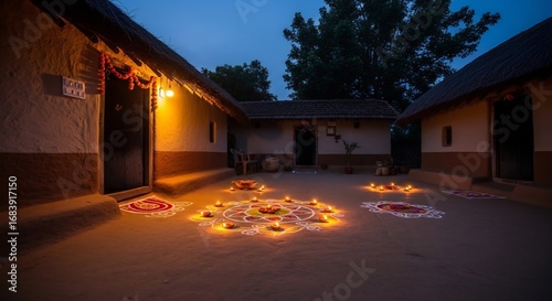 Diwali celebration background with traditional rangoli art and oil lamps in rural Indian village, festive mood. Perfect for cultural events, greetings, advertising.