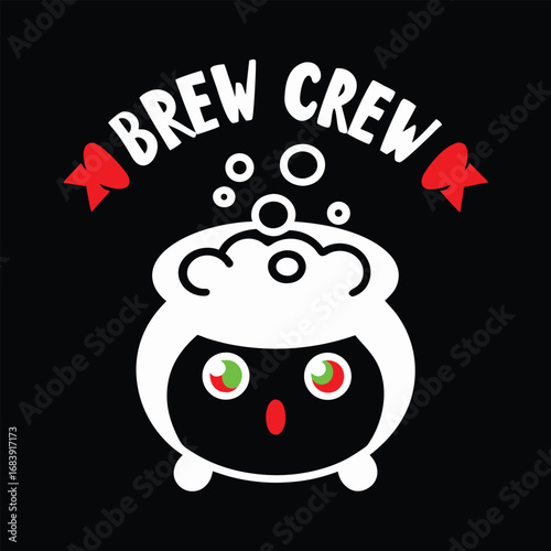 Whimsical Brew Crew Cauldron Cartoon with Bubbles, Ribbons, and Playful Eyes on Black