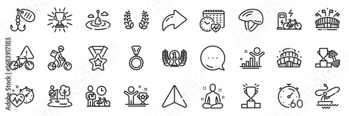 Fishing float, Laurel wreath and Bicycle helmet line icons pack. Share, Message, Paper plane icons. Fishing lure, Delivery bike, Cardio training web icon. Vector