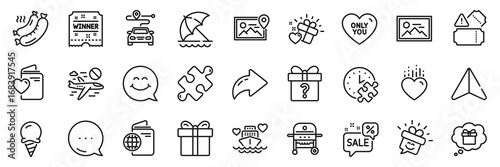 Travel passport, Tickets and Puzzle line icons pack. Share, Message, Paper plane icons. Discounts bubble, Photo, Journey web icon. Ice cream, Secret gift, Gift box pictogram. Vector