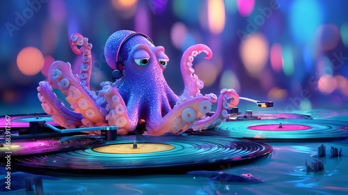 Groovy Octopus DJ Spinning Vinyl Records in a Surreal Aquatic Neon Nightclub Scene