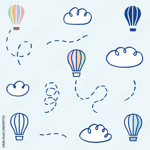Vector illustration set of different freehand drawn cartoon hot air balloons with tracks and clouds made in kid childish style in different variations of colors