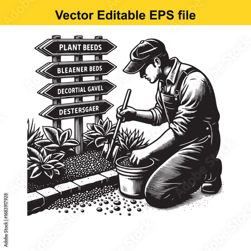 Gardener planting seeds in a bucket with directional signs in a garden