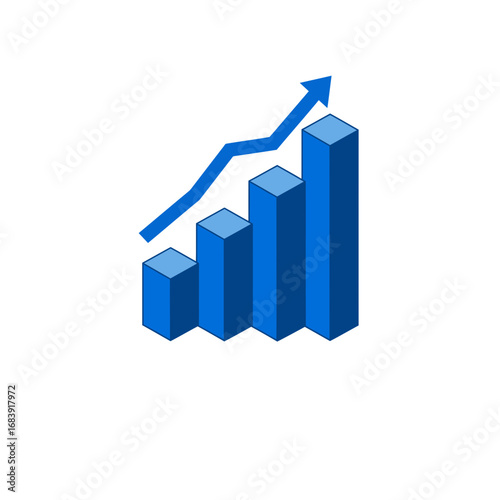Vector illustration of a blue isometric bar chart with an upward arrow symbolizing growth and business success