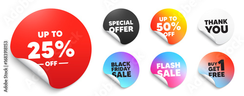 Discount tag red sticker tag. Special offer paper price tags. Up to 25 percent off sale. Discount offer price sign. Special offer symbol. Save 25 percentages. Discount, black friday sticker. Vector