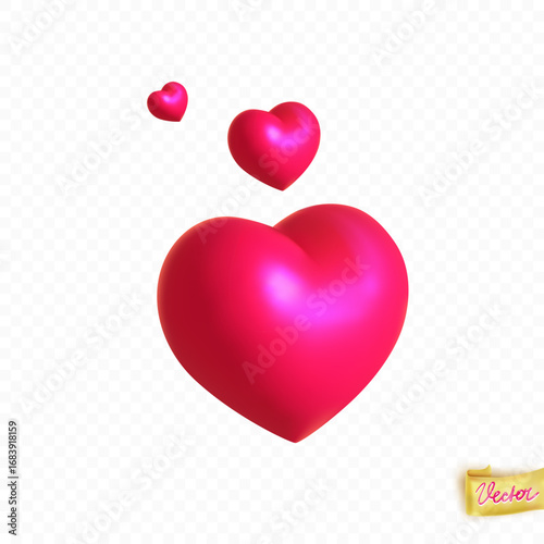 3D red heart with smooth shine and soft shadow. Ideal for romantic design, web elements, or Valentine's Day cards. Vector image on a transparent background