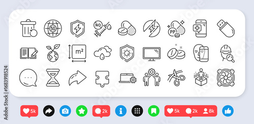 Niacin, Employees teamwork and Medical tablet line icons pack. Social media: share, comment, like icons. Face biometrics, Electric energy, Coronavirus vaccine web icon. Vector
