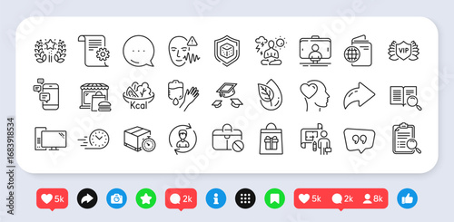 Food market, Quote bubble and Vip security line icons pack. Social media: share, comment, like icons. Selfie stick, Fast delivery, Throw hats web icon. Vector