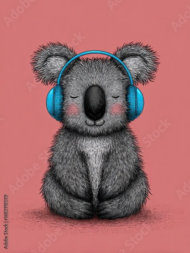 cartoon-style koala wearing bright blue headphones, sitting against a solid pink background. The koala is depicted with a round, fluffy gray body and large, fluffy ears.