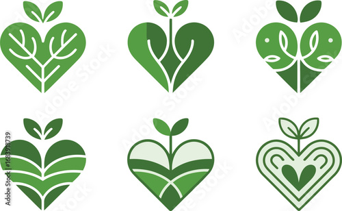Vector art of set of six green heartshaped logos featuring plant and leaf elements, representing nature, growth, and care