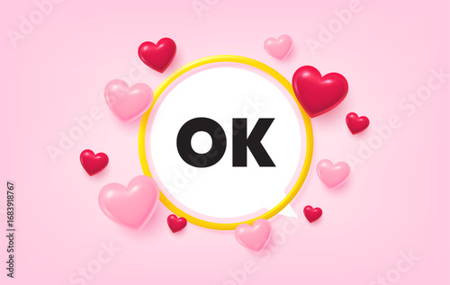 OK frame banner. Speech bubble offer. OK text tag. Approved okay message. Done or Good deal symbol. 3d hearts love tag. Golden frame banner. Vector