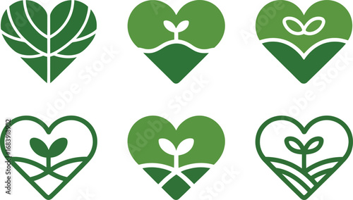Vector art of set of six green heartshaped icons with plant sprouts and leaf motifs, symbolizing nature, growth, and ecofriendly concepts