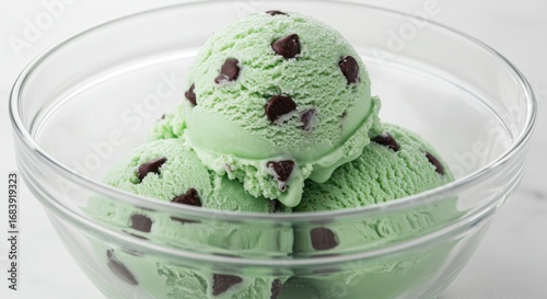 Three Scoops of Mint Chocolate Chip Ice Cream in Glass Bowl