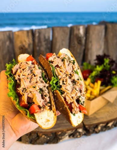 Handheld tuna sandwiches by the ocean